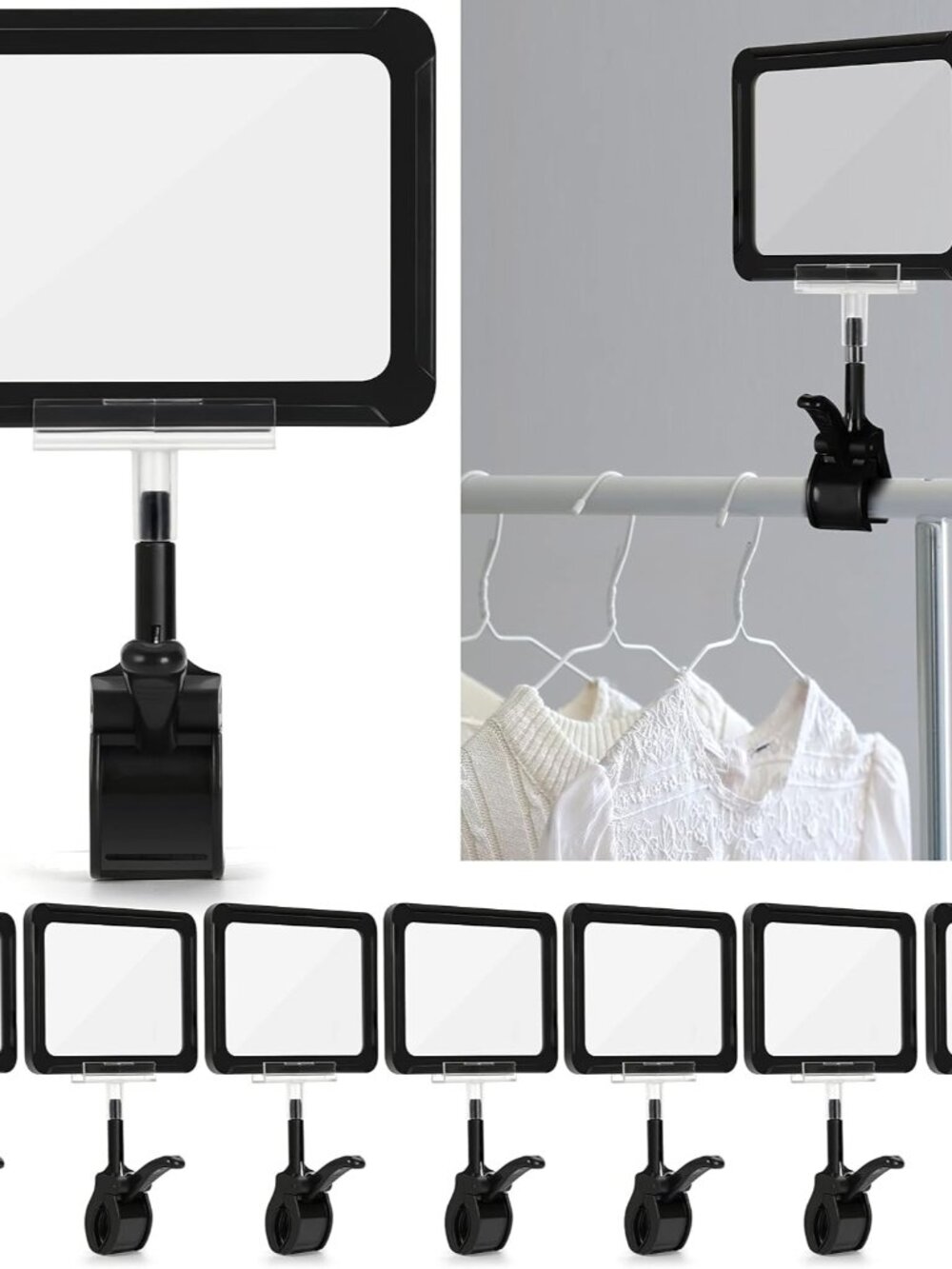 7 Pcs Rotating Sign Holders with Clamp, 6 x 9" PVC Cards for Clothing Rack